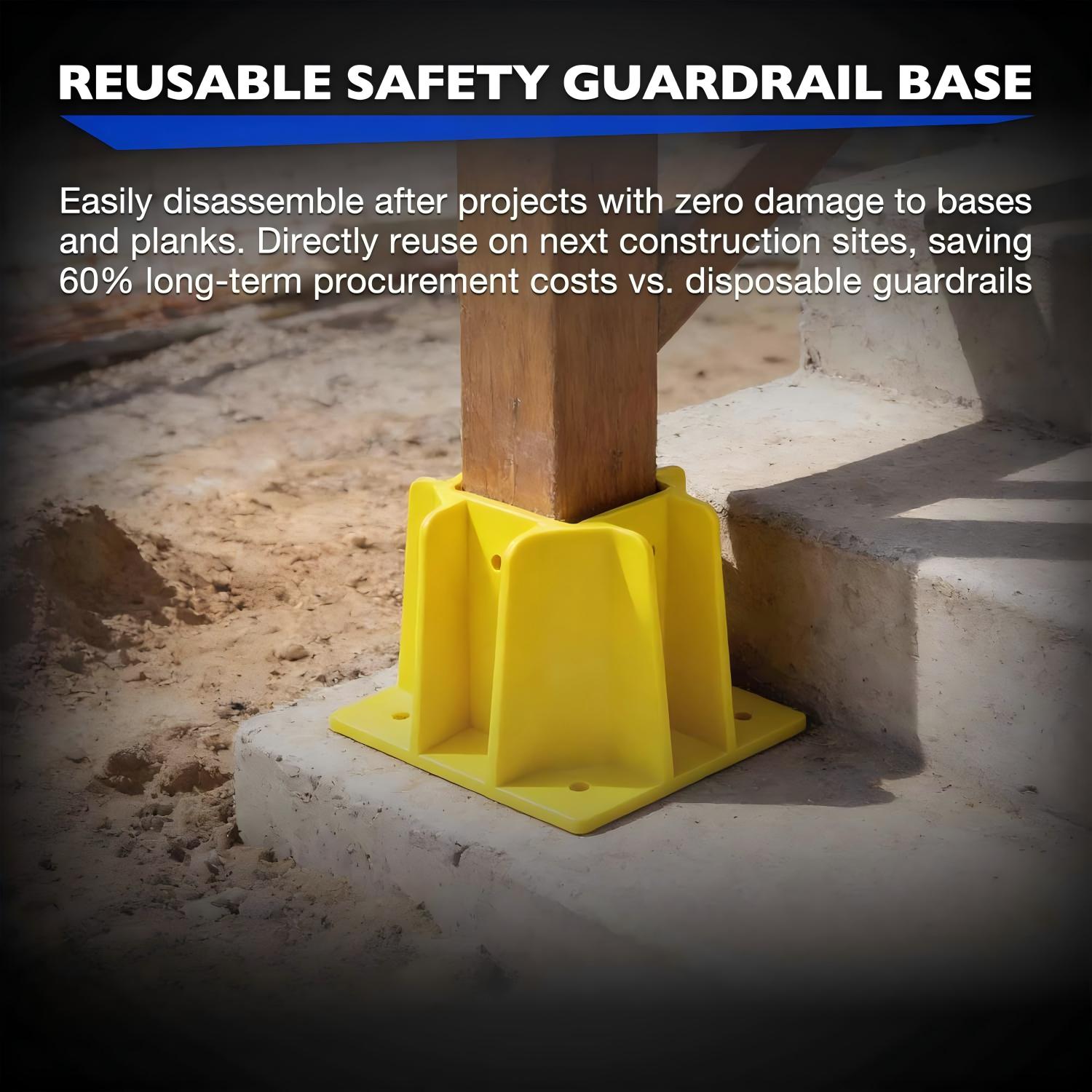 Yellow Guardrail Base Boot with Toe Board Slot, Reusable Fall Protection Base for Scaffolding, Temporary Guardrail Systems for Residential and Commercial Construction