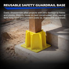 Yellow Guardrail Base Boot with Toe Board Slot, Reusable Fall Protection Base for Scaffolding, Temporary Guardrail Systems for Residential and Commercial Construction